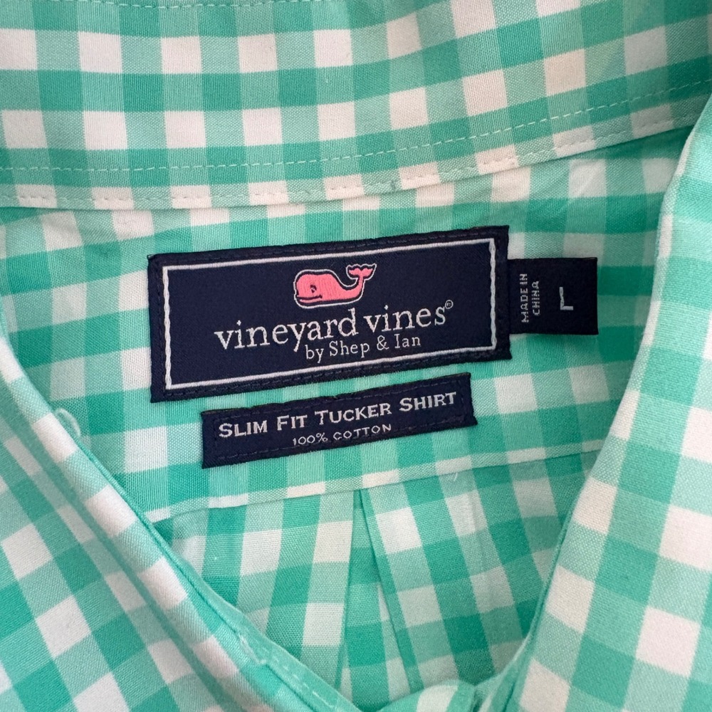 Vineyard Vines Mens Slim Fit Tucker Shirt Green White Gingham Button Down Large - Picture 6 of 7